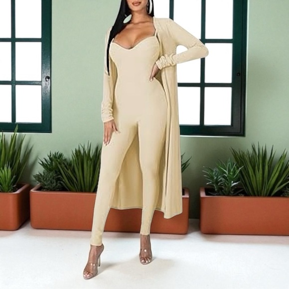 New 2 PIECE Apricot Rib-Knit Form Fitting Cami Jumpsuit With Long Cardigan - Picture 11 of 16